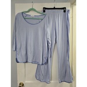 LAKE XXL Hydrangea Blue Striped 100% Pima Cotton Long-Long Pajamas PJ Set